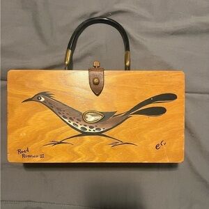 Hand-Painted Roadrunner Wooden Top-Handle Bag in Brown Enid Collins